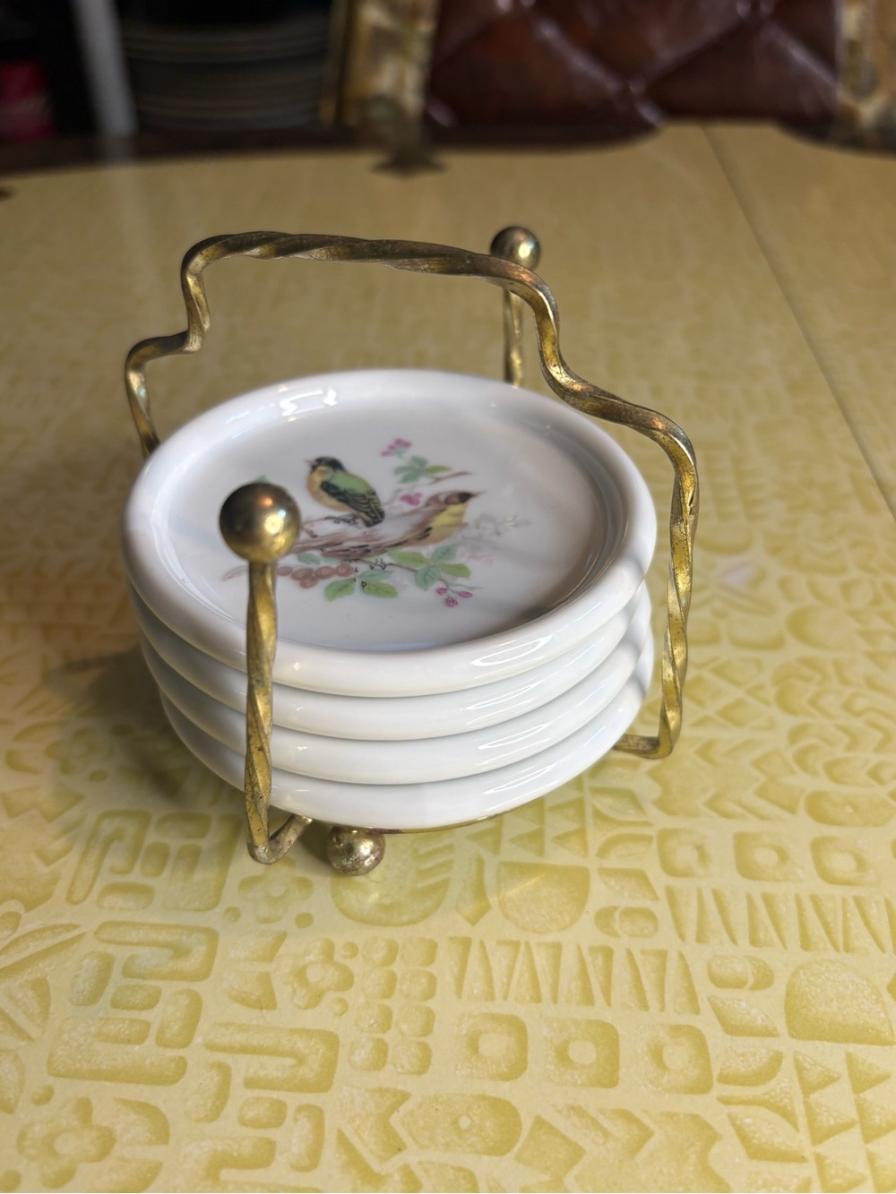 Vintage Porcelain Bird-Print Coasters with Brass Holder - White